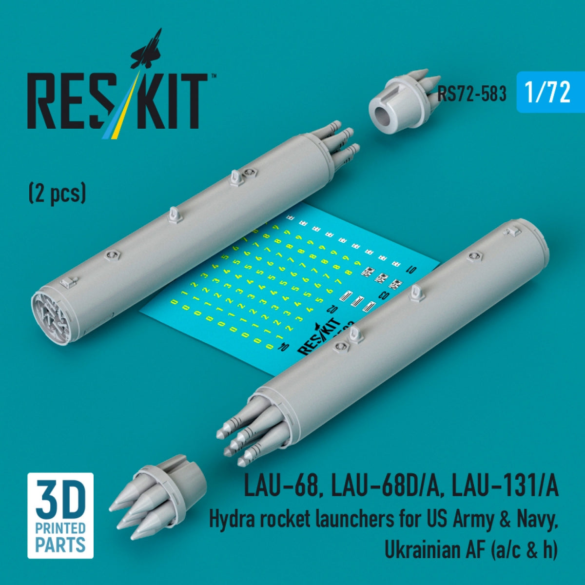 RESKIT RS72-0583 LAU-68, LAU-68D/A, LAU-131/A Hydra rocket launchers for US Army & Navy, Ukrainian AF (a/c & h) (2 pcs) (3D Printed) 1/72