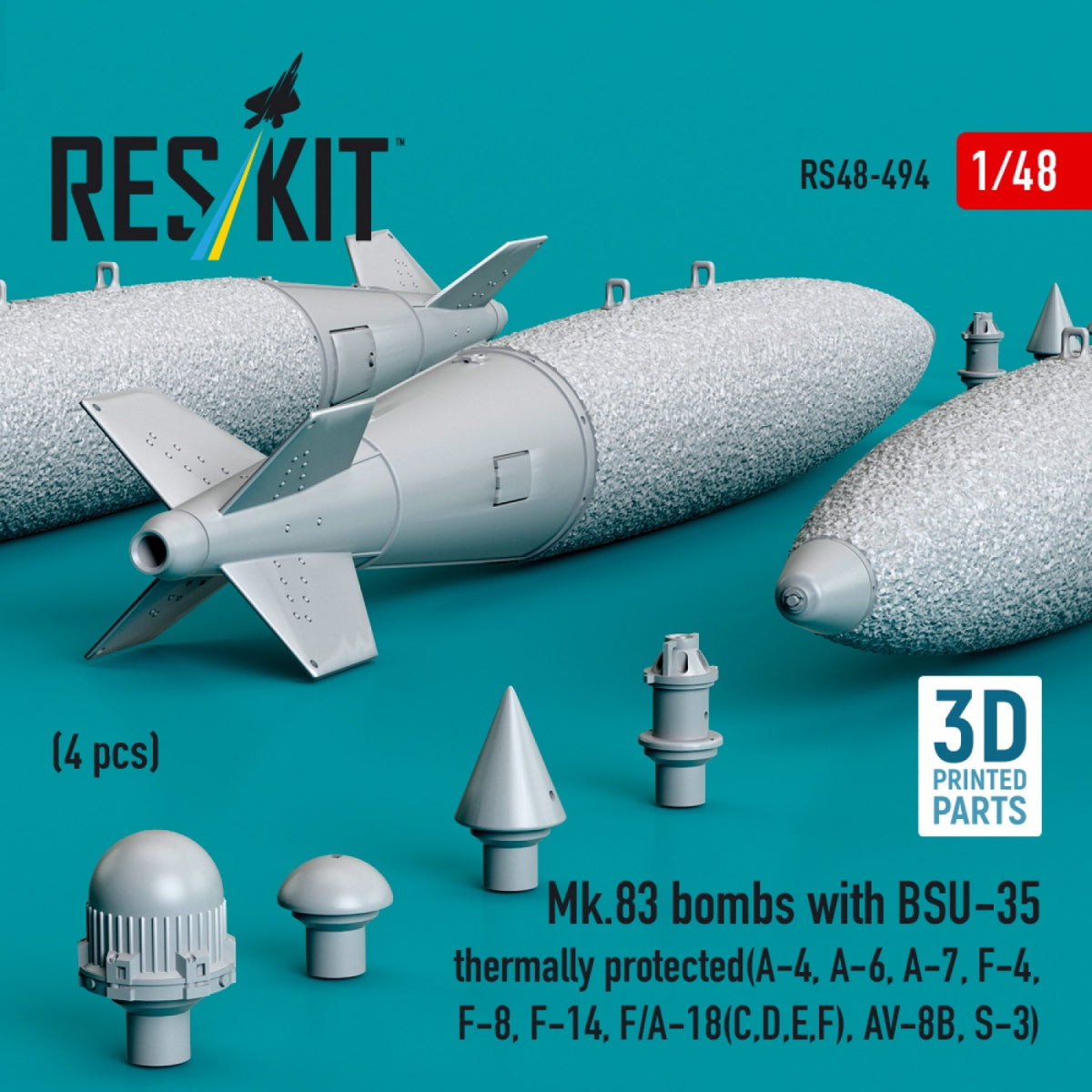 RESKIT RS48-0494 Mk.83 bombs with BSU-35 thermally protected (4 pcs) (3D printed) 1/48 – image 2