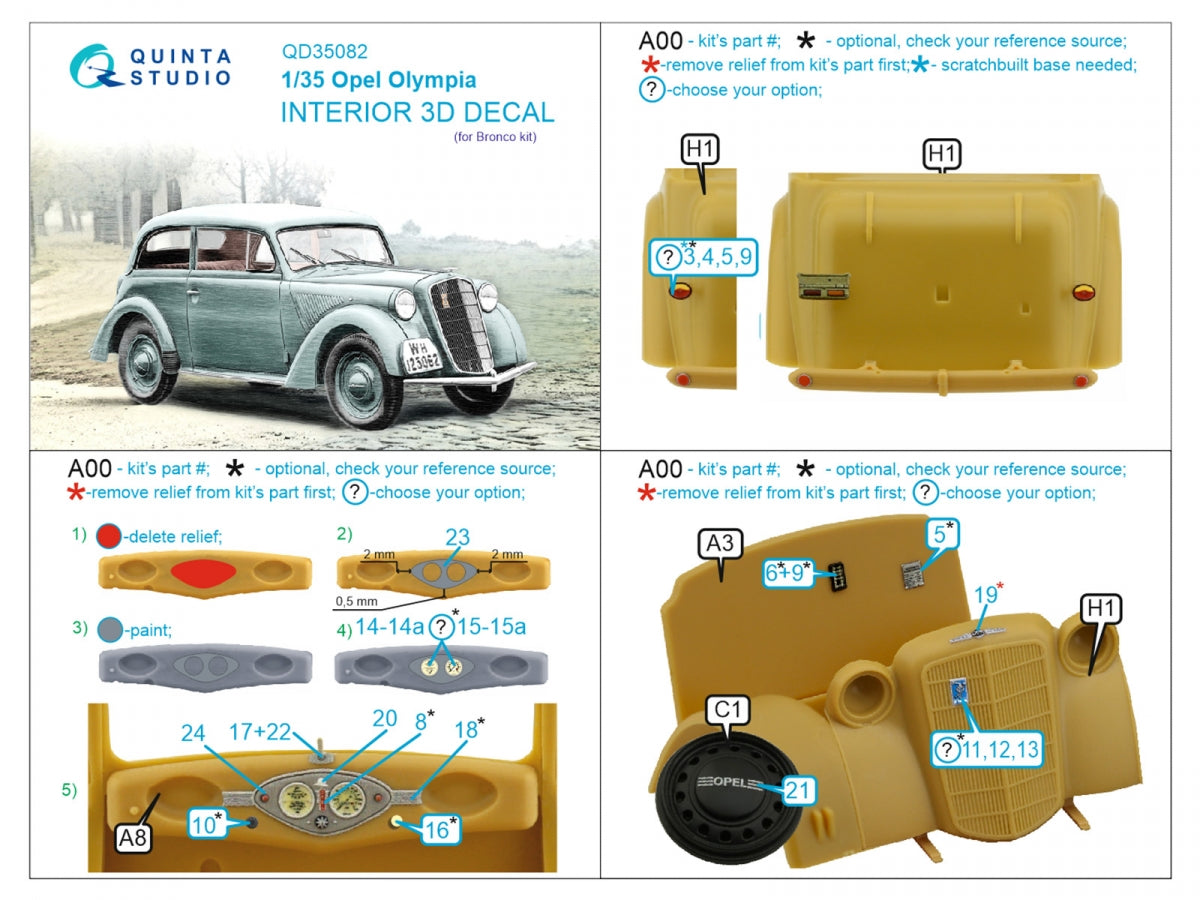Quinta Studio QD35082 1937 Opel Olympia 3D-Printed &amp;amp; coloured Interior on decal paper (Bronco) 1/35 – immagine 2