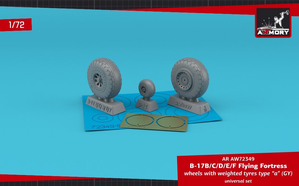 Armory Models AW72349 B-17B/C/D/E/F Flying Fortress wheels w/ weighted tyres type “a” (GY) &amp;amp; PE hubcaps 1/72
