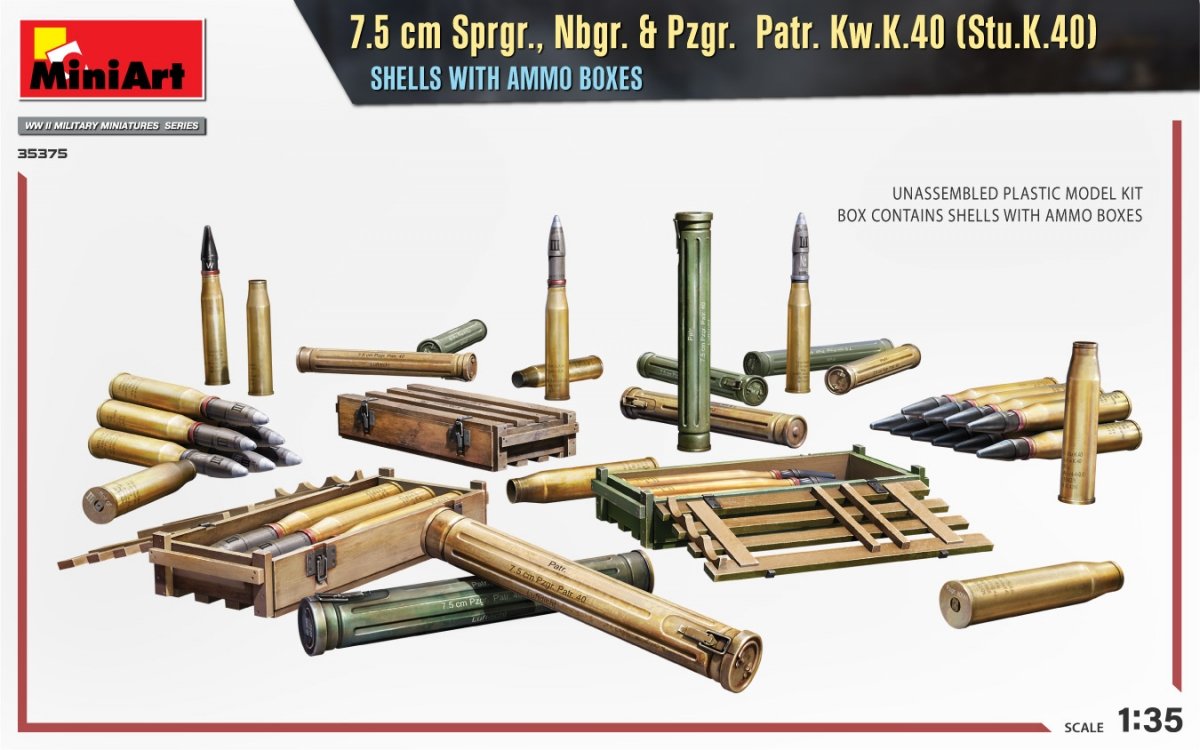 MiniArt 35375 7.5 cm Sprgr., Nbgr. &amp;amp; Pzgr. Patr. Kw.K.40 (Stu.K.40) SHELLS WITH AMMO BOXES 1/35 – immagine 2