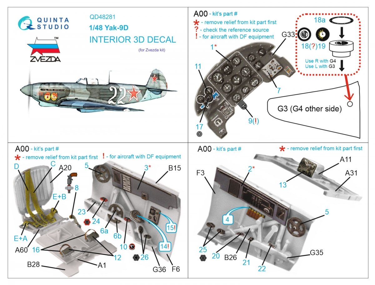 Quinta Studio QD48281 Yak-9D 3D-Printed &amp;amp; coloured Interior on decal paper ( Zvezda ) 1/48 – Bild 2