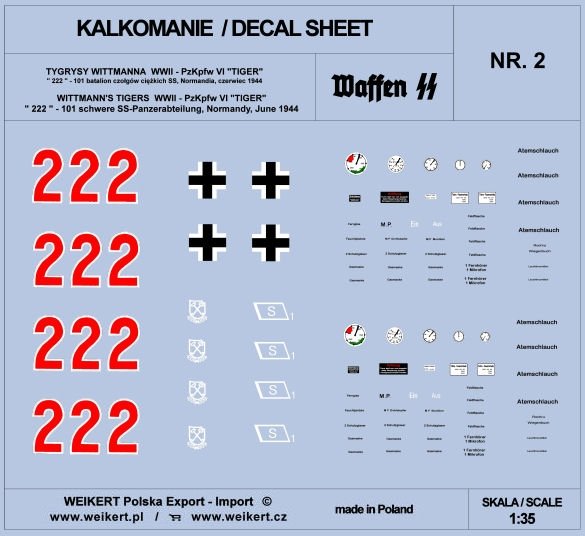 Weikert Decals DEC202 TIGER I - tank 222 - 101st SS Heavy Tank Battalion, Normandy, June 1944 - vol.2 1/35