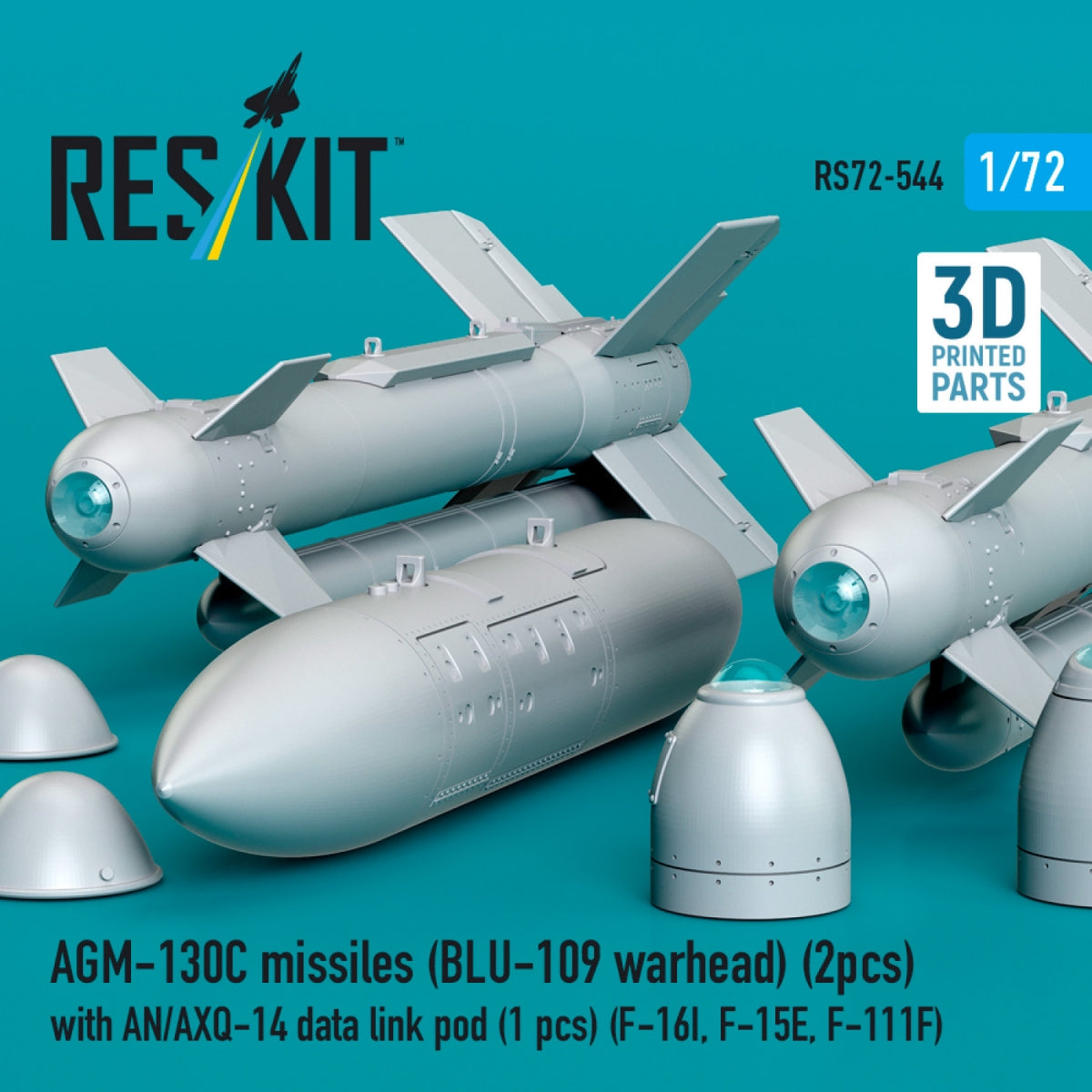 RESKIT RS72-0544 AGM-130C missiles (BLU-109 warhead) (2 pcs) with AN/AXQ-14 data link pod (1 pcs) (3D Printed) 1/72