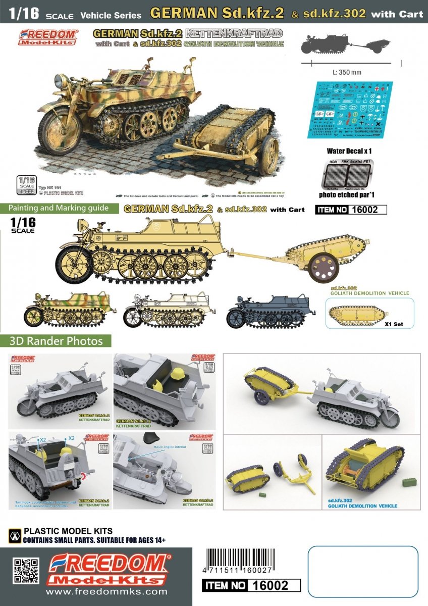 Freedom 16002 ALLEMAND SD.KFZ.2 KETTENKRAFTRAD &amp;amp; SD.KFZ.302 VÉHICULE DE DÉMOLITION GOLIATH 1/16 – image 2