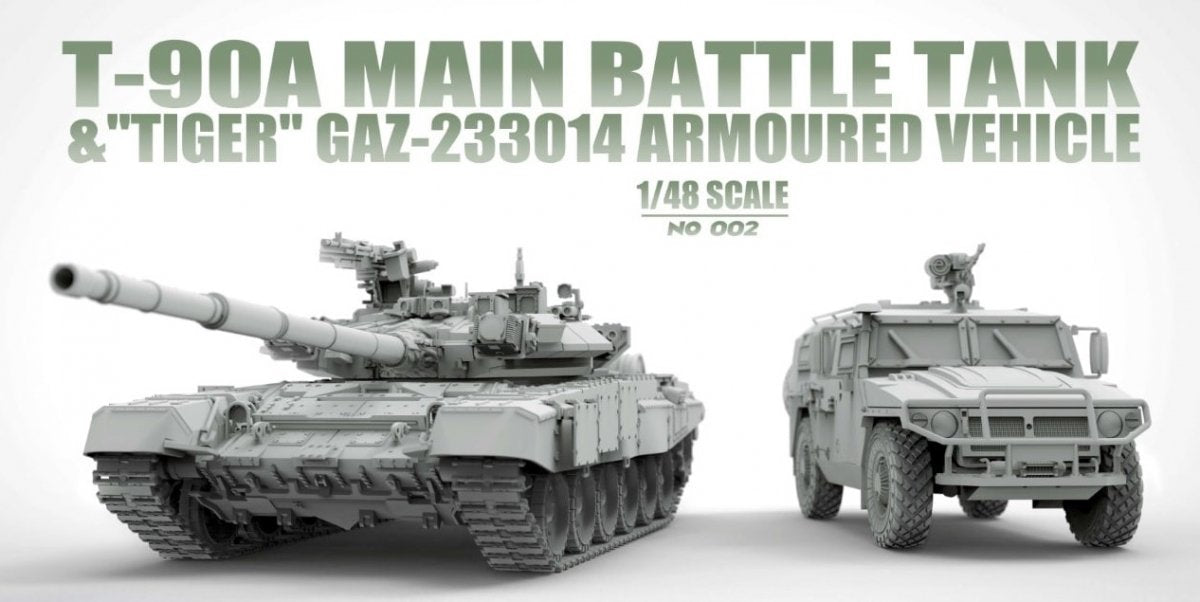 Suyata NO-002 T-90A Main Battle Tank &amp;amp; &amp;quot;Tiger&amp;quot; Gaz-233014 Armoured Vehicle 1/48 – Bild 2