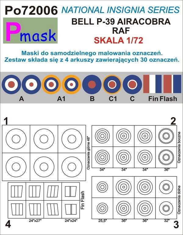 P-Mask PO72006 MASKI DO MALOWANIA OZNACZEŃ AIRACOBRA RAF 1/72
