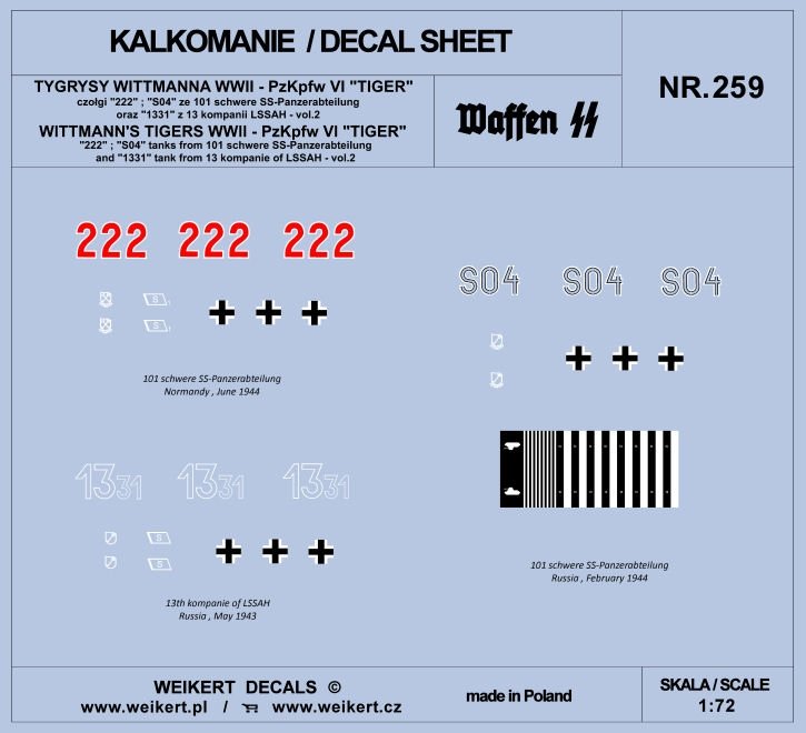 Weikert Decals DEC259 WITTMANN'S TIGERS - Pzkpfw VI TIGER tank - 101 schwere SS-Panzerabteilung - vol.2 1/72