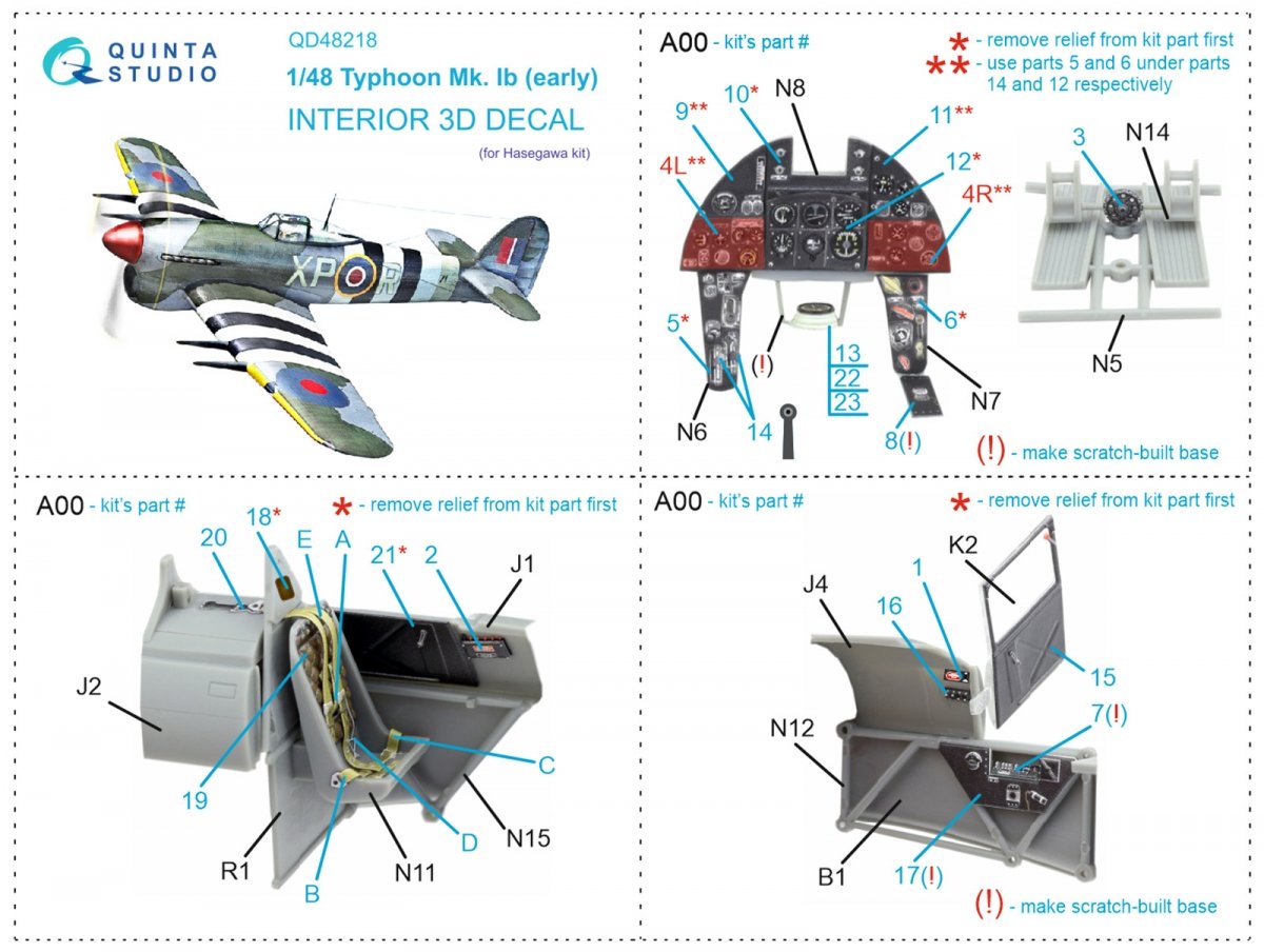 Quinta Studio QD48218 Hawker Typhoon Mk.1b early 3D-Printed &amp;amp; coloured Interior on decal paper ( Hasegawa ) 1/48 – Bild 2