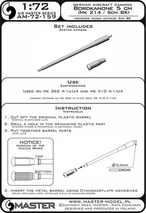 Master AM-72-159 Niemieckie działko lotnicze Bordkanone 5cm (Mk 214 / 5cm BK) - używane na Me 262 A-1a/U4, Me 410 A-1/U4 1/72 – Bild 7