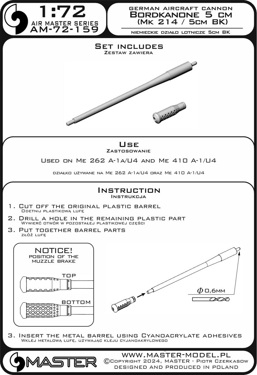 Master AM-72-159 Niemieckie działko lotnicze Bordkanone 5cm (Mk 214 / 5cm BK) - używane na Me 262 A-1a/U4, Me 410 A-1/U4 1/72 – Bild 7