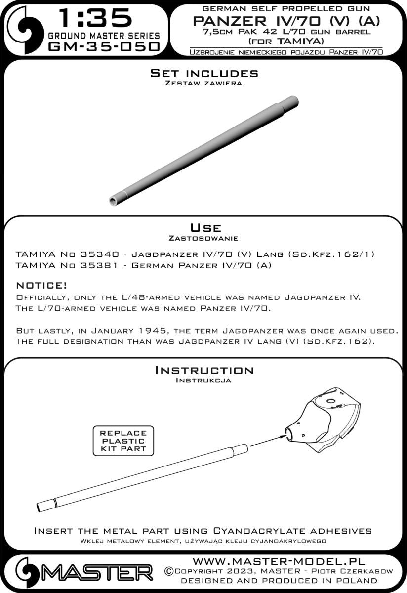 Master GM-35-050 Panzer IV/70 (A) &amp;amp; (V) - 7,5cm PaK 42 L/70 gun barrel (for Tamiya kit) 1/35 – immagine 6