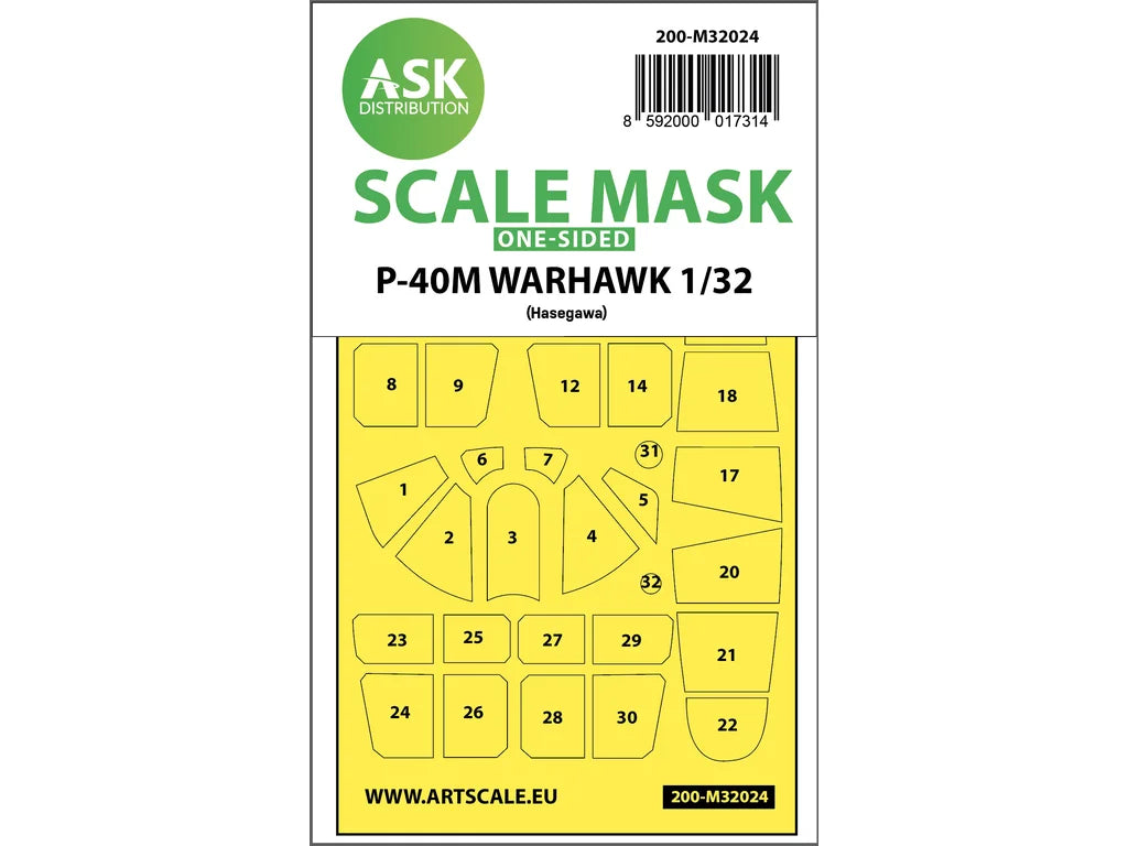Art Scale Kit M32024 P-40 M Warhawk One-Sided Express Masks for Hasegawa 1/32