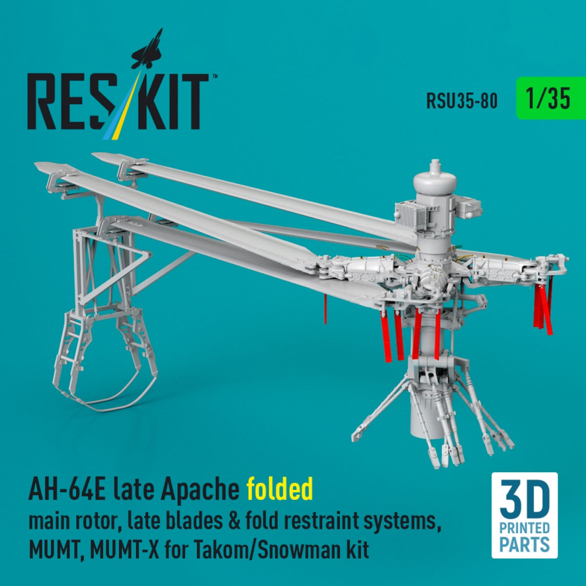 RESKIT RSU35-0080 AH-64E late Apache folded main rotor, late blades & fold restraint systems, MUMT, MUMT-X for Takom/Snowman kit (3D Printed) 1/35