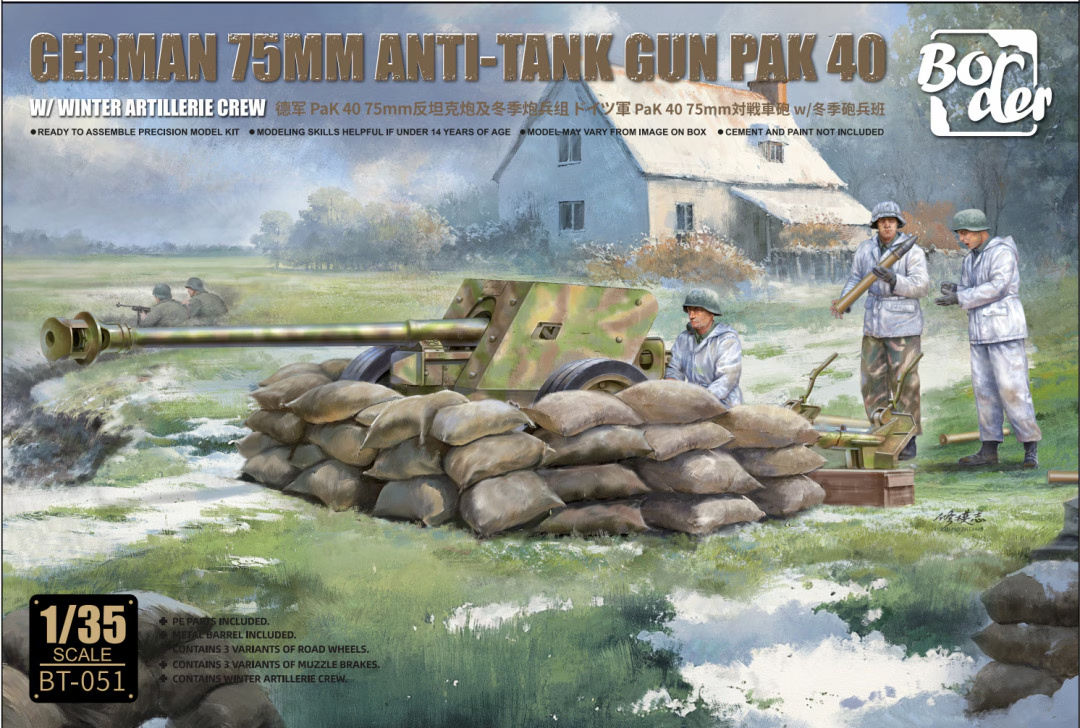 Maquette Border BT-051 Canon antichar allemand PaK 40 de 7,5 cm avec équipage d'artillerie d'hiver. Échelle 1/35