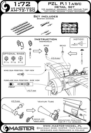 Master AM-72-150 PZL P.11a/b/c - zestaw detali - lufy karabinu wz. 33, celowniki oraz dysza Venturiego 1/72 – immagine 6