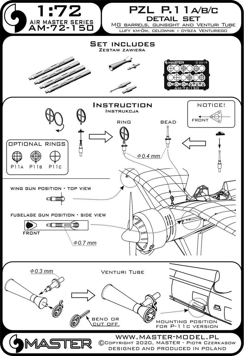 Master AM-72-150 PZL P.11a/b/c - zestaw detali - lufy karabinu wz. 33, celowniki oraz dysza Venturiego 1/72 – immagine 6