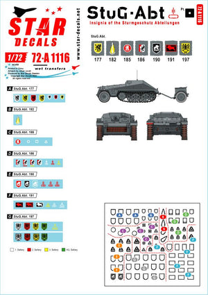 Star Decals 72-A1116 StuG-Abt #1 Generic insignia and unit markings for the Sturmgeschûtz units. StuG-Abt 177. 182, 185, 186, 190, 191, 197 1/72