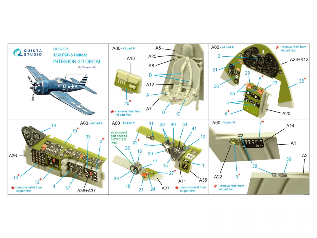Intérieur imprimé en 3D et coloré sur papier décalcomanie Quinta Studio QD32195 F6F-5 Hellcat (Trumpeter) 1/32 – image 2