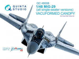 Verrière transparente thermoformée Quinta Studio QC48008 MiG-29 (toutes versions monoplaces) (pour maquettes GWH) 1/48