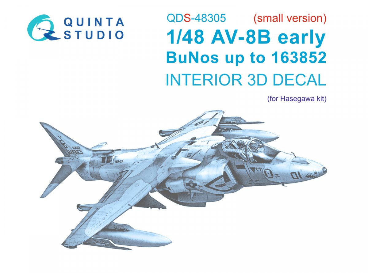 Quinta Studio QDS-48305 AV-8B Early 3D-Printed &amp; colored Interior on decal paper (Hasegawa) (Small version) 1/48