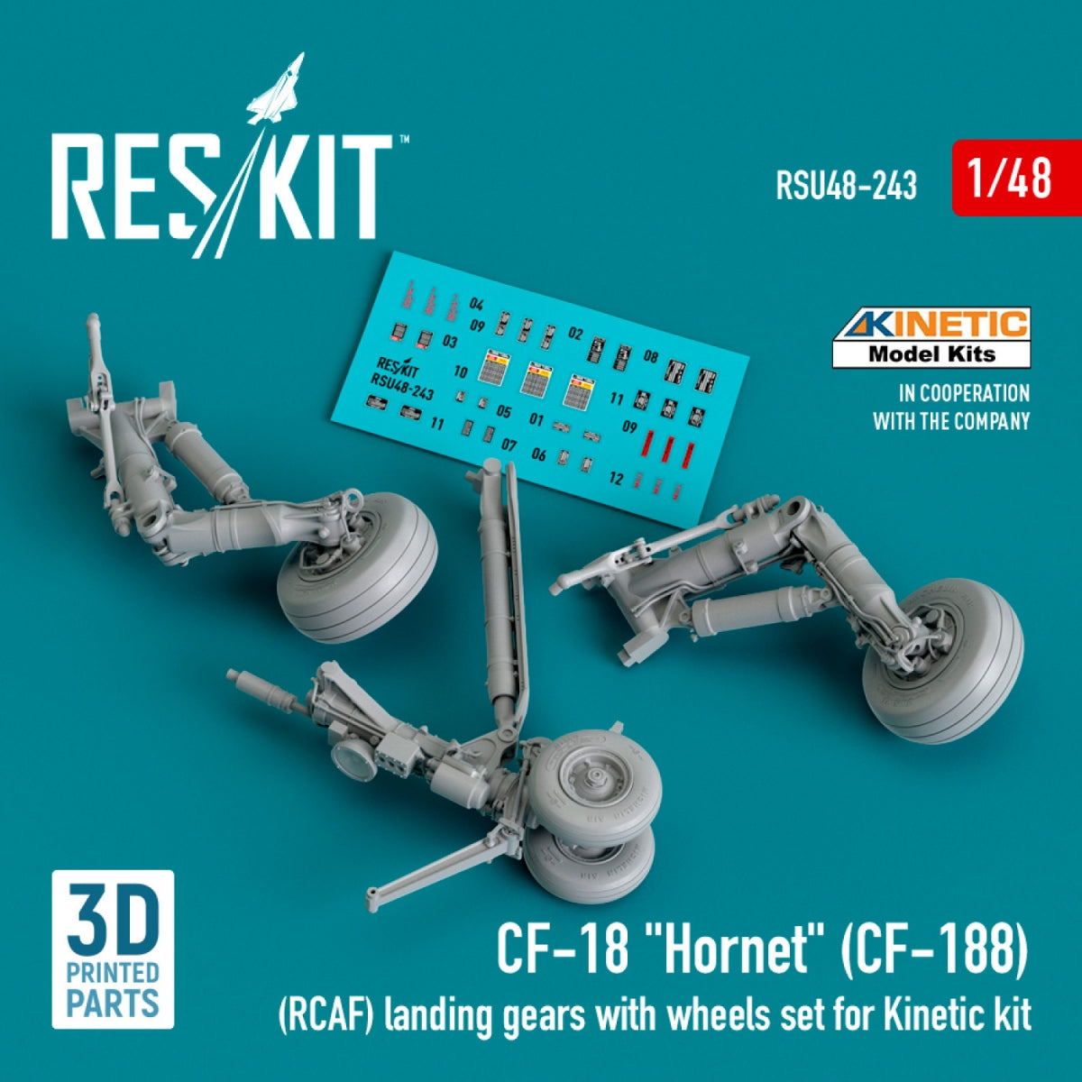 RESKIT RSU48-0243 CF-18 "Hornet" (CF-188) (RCAF) landing gears with wheels set for Kinetic kit (3D Printed) 1/48