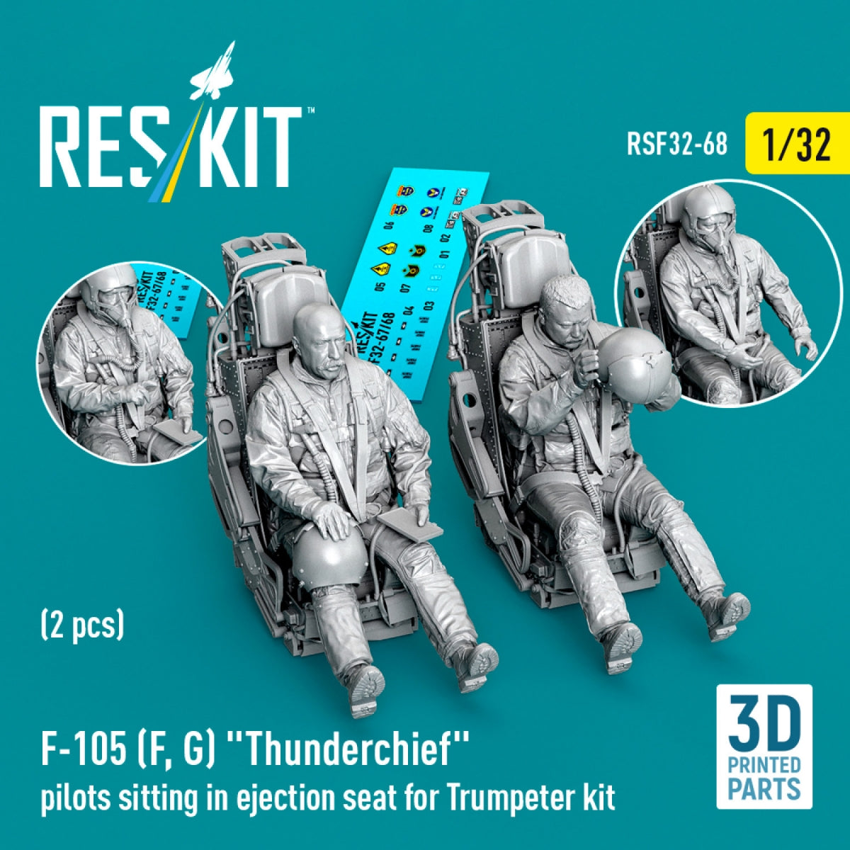 RESKIT RSF32-0068 F-105F/G "Thunderchief" pilots sitting in ejection seat for Trumpeter kit (2 pcs) (3D Printed) 1/32