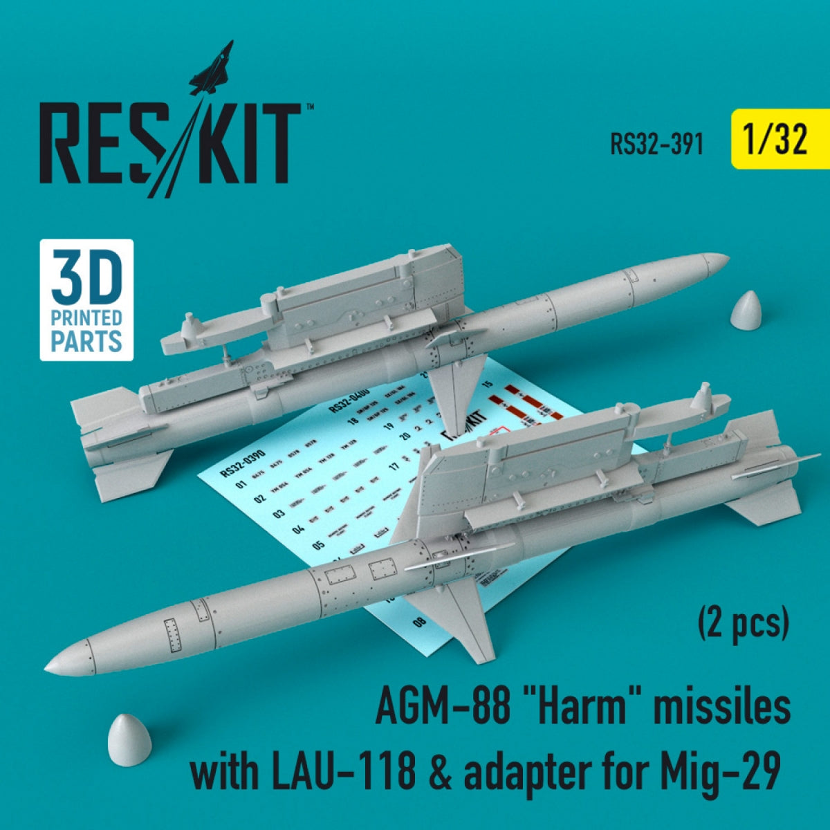RESKIT RS32-0391 AGM-88 &amp;quot;HARM&amp;quot; MISSILES WITH LAU-118 &amp;amp; ADAPTER FOR MIG-29 (2 PCS) 1/32