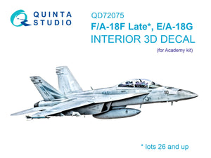 Quinta Studio QD72075 F/A-18F Late, E/A-18G 3D-Printed &amp;amp; coloured Interior on decal paper (Academy) 1/72