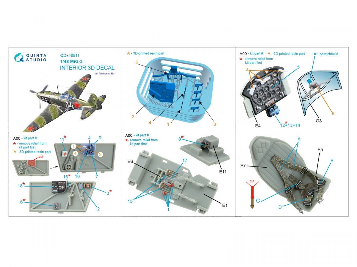 Quinta Studio QD+48511 MiG-3 3D-Printed coloured Interior on decal paper (Trumpeter) 1/48 – immagine 5