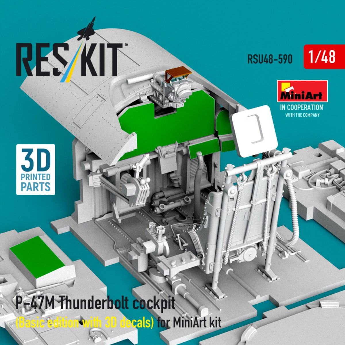 RESKIT RSU48-0590 P-47M Thunderbolt cockpit (Basic edition with 3D decals) for MiniArt kit (3D Printed) 1/48