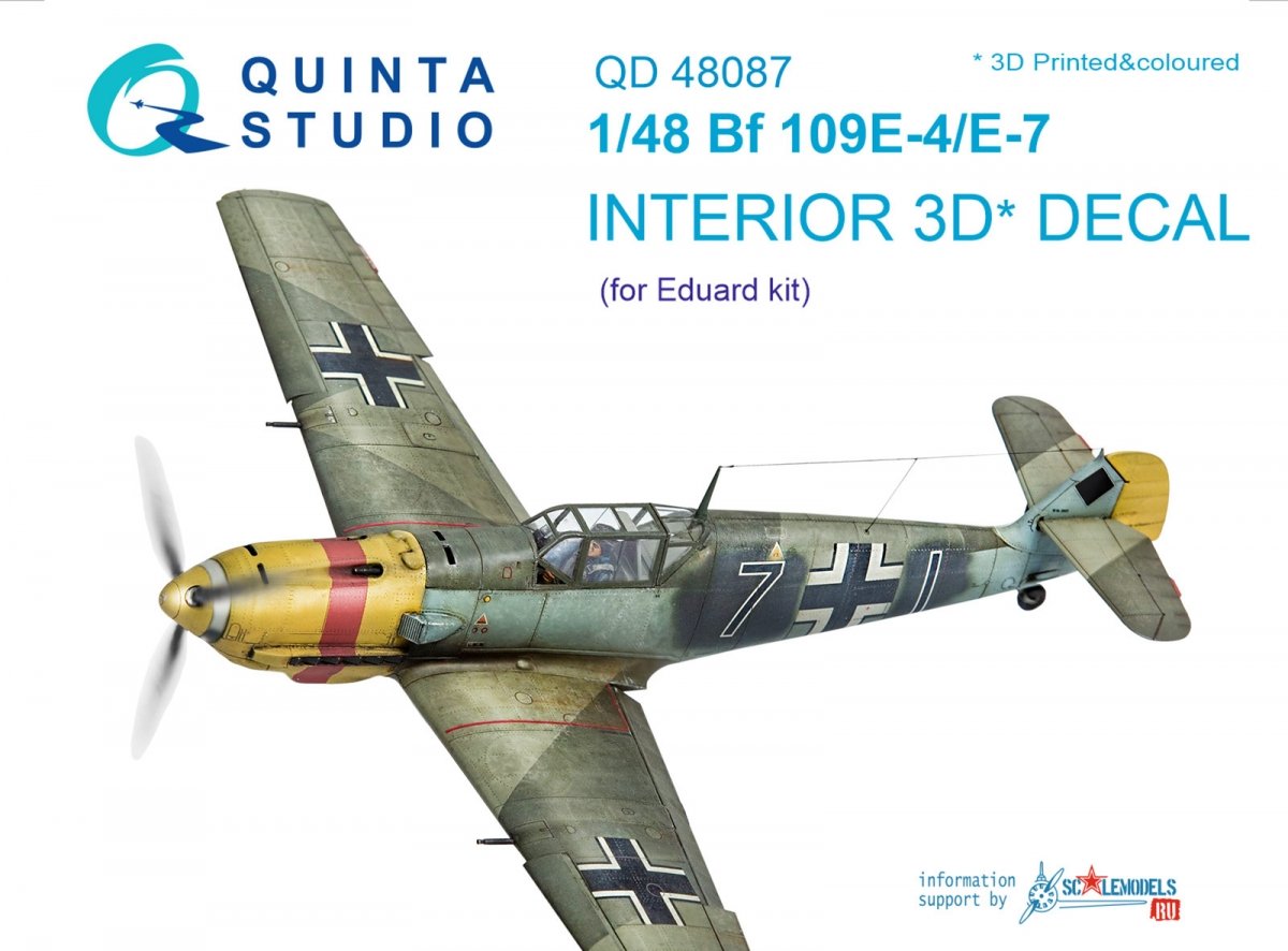 Intérieur imprimé en 3D et coloré sur papier décalcomanie Quinta Studio QD48087 Bf 109E-4/E-7 (pour kit Eduard) 1/48 