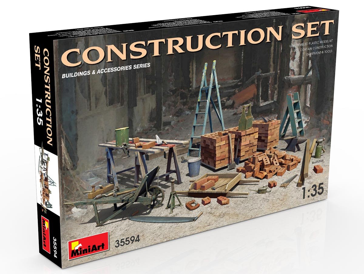 MiniArt 35594 Construction Set Kit: Ladders, Table, Buckets, Bricks, Cart, Anvil, Beams, Jack Stand &amp;amp; Tools 1/35 – immagine 2
