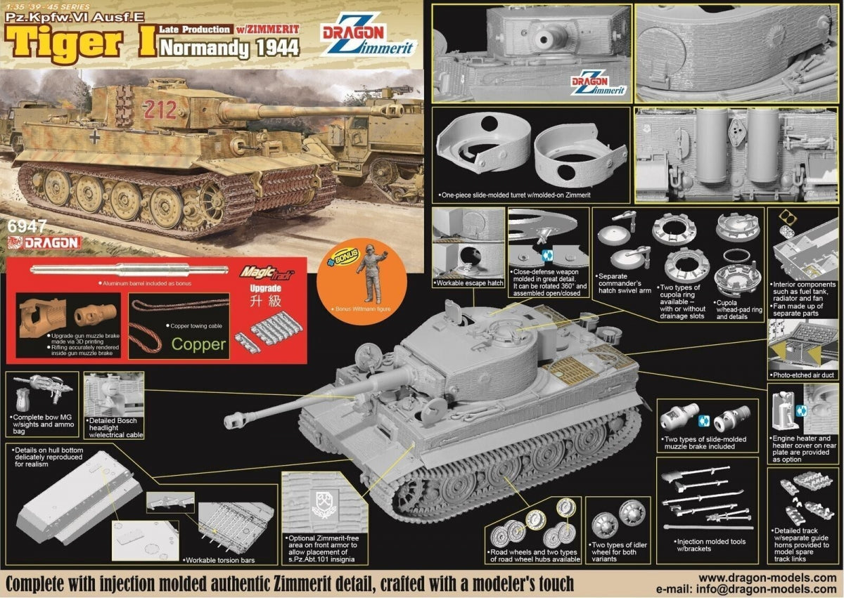Dragon 6947 Pz.Kpfw.VI Ausf.E Tiger I Late Production w/Zimmerit (Normandy 1944) + Tiger Ace 1/35 – zdjęcie 2