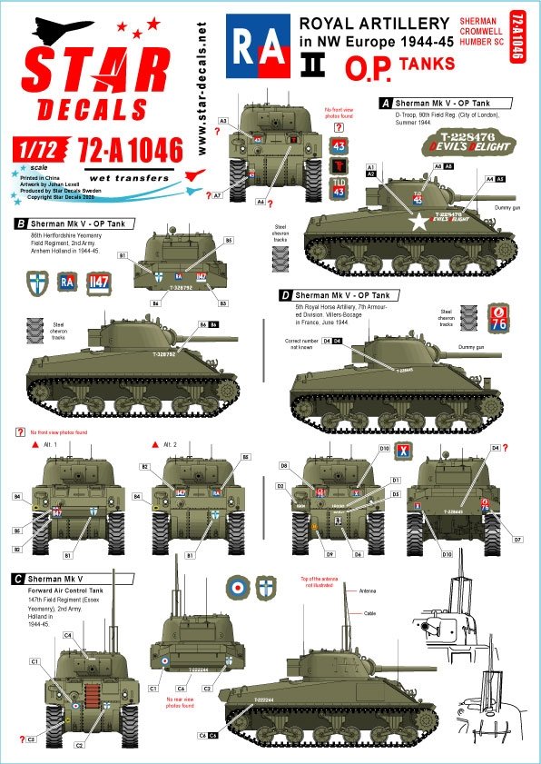 Star Decals 72-A1046 Royal Artillery #2. 75th D-Day Special. OP Tanks - Sherman, Cromwell and Humber SC 1/72