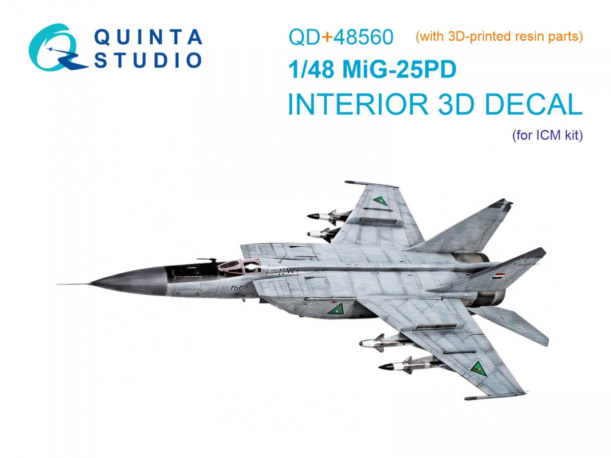 Quinta Studio QD+48560 MiG-25PD 3D-Printed &amp;amp; colored Interior on decal paper (ICM) (with 3D-printed resin parts) 1/48