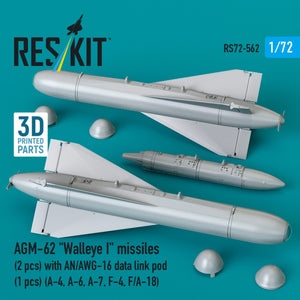 RESKIT RS72-0562 AGM-62 "Walleye I" missiles (2 pcs) with AN/AWG-16 data link pod (1 pcs) (A-4, A-6, A-7, F-4, F/A-18) (3D Printed) 1/72