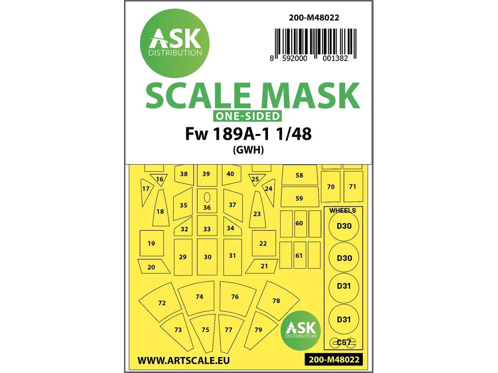 Art Scale Kit M48022 Focke Wulf Fw 189 One-Sided Painting Mask for Great Wall Hobby 1/48