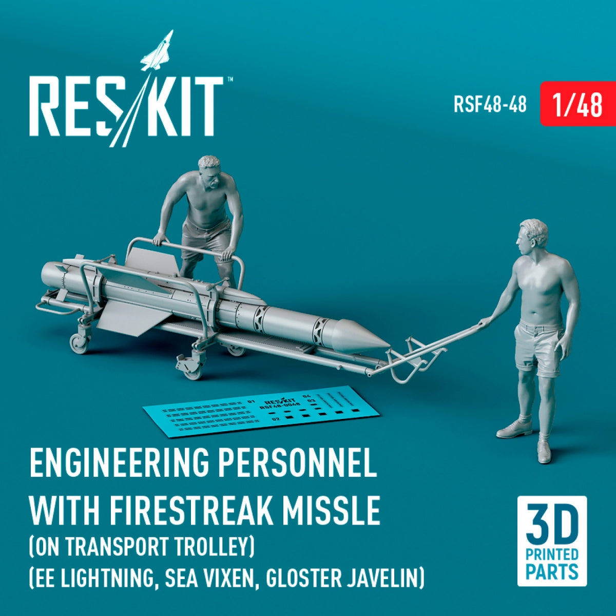RESKIT RSF48-0048 Engineering Personnel with Firestreak misslle (on transport trolley) (EE Lightning, Sea Vixen, Gloster Javelin) (3D Printed) 1/48