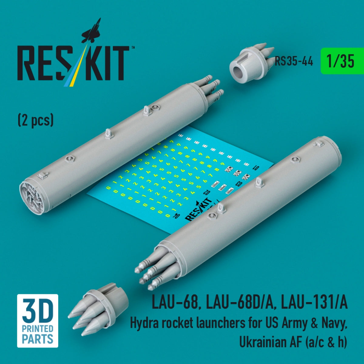 RESKIT RS35-0044 LAU-68, LAU-68D/A, LAU-131/A Hydra rocket launchers for US Army & Navy, Ukrainian AF (a/c & h) (2pcs) (3D Printed) 1/35