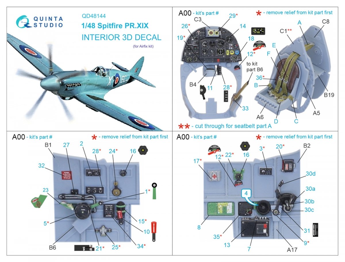 Quinta Studio QD48144 Spitfire PR.XIX 3D-Printed &amp;amp; coloured Interior on decal paper (Airfix) 1/48 – immagine 12