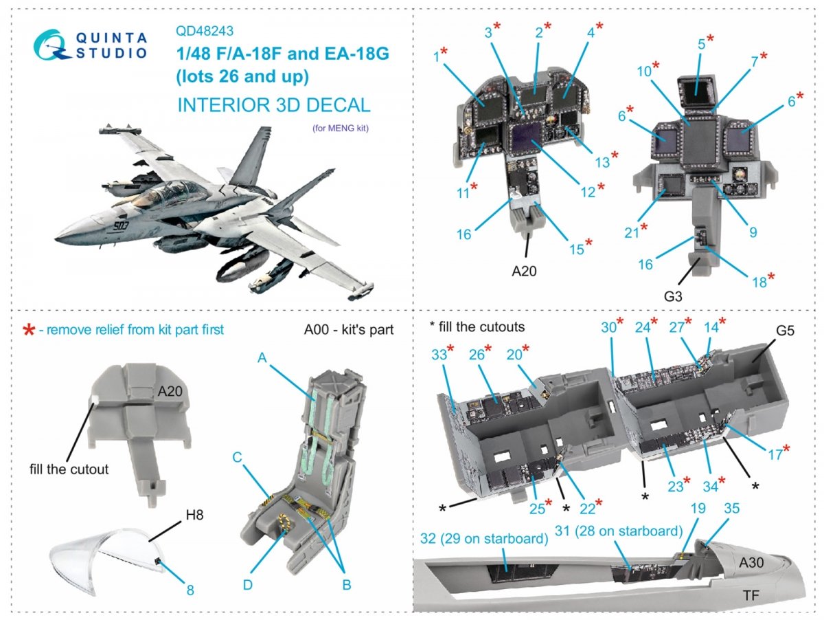 Quinta Studio QD48243 F/A-18F late / EA-18G 3D-Printed &amp;amp; coloured Interior on decal paper ( Meng ) 1/48 – imagen 2