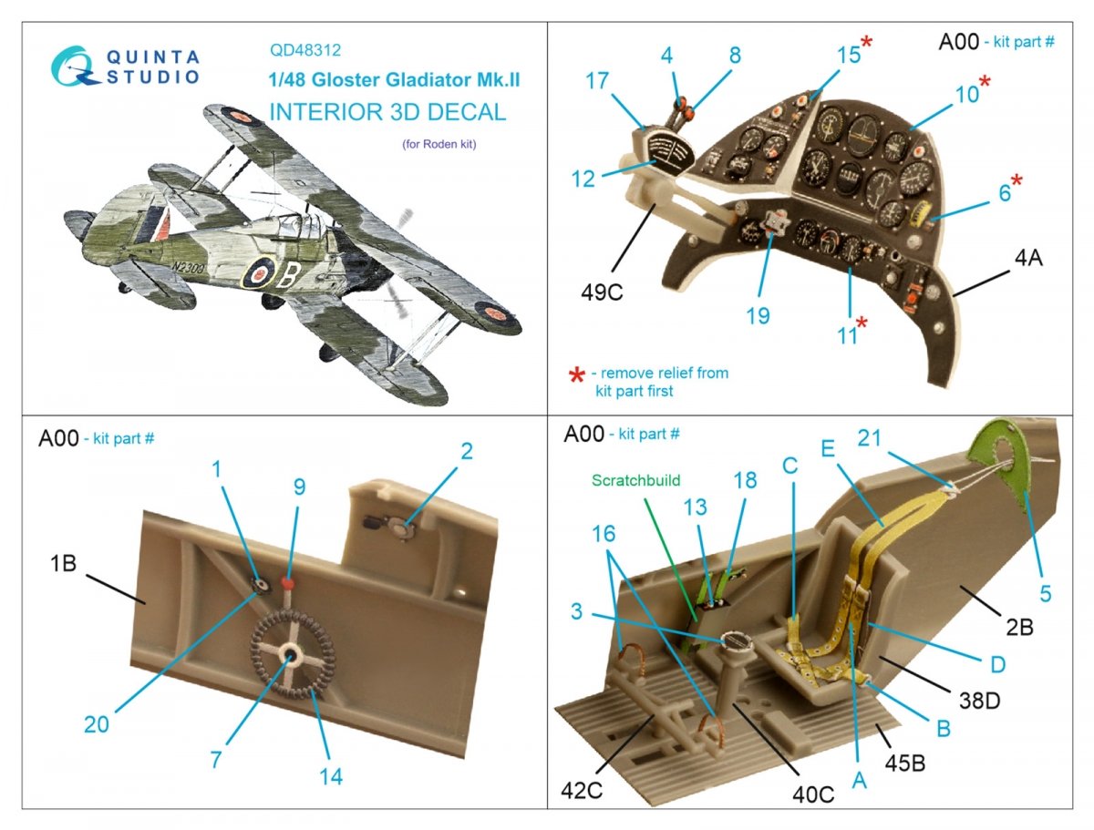 Quinta Studio QD48312 Gloster Gladiator MKII 3D-Printed &amp;amp; coloured Interior on decal paper (Roden) 1/48 – Bild 2