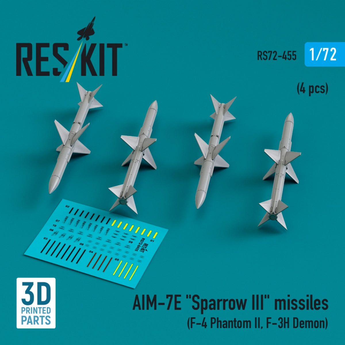 RESKIT RS72-0455 AIM-7E &amp;quot;Sparrow III&amp;quot; missiles (4 pcs) (3D Printed) 1/72