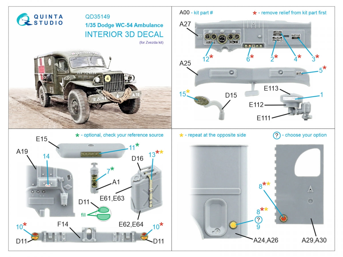 Quinta Studio QD35149 Dodge WC-54 Ambulance 3D-Printed &amp;amp; colored Interior on decal paper (Zvezda) 1/35 – image 2