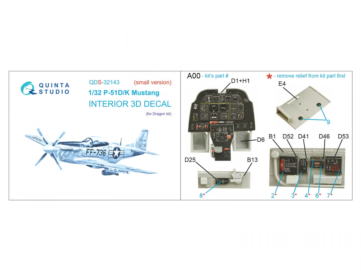 Quinta Studio QDS-32143 P-51D/K Mustang 3D-Printed coloured Interior on decal paper (Dragon) (Small version) 1/32 – immagine 2