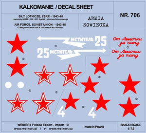 Weikert Decals DEC706 Armia sowiecka - samoloty IŁ2M3 z 198 &amp;amp; 237 dywizji Lotnictwa Szturmowego 1/72