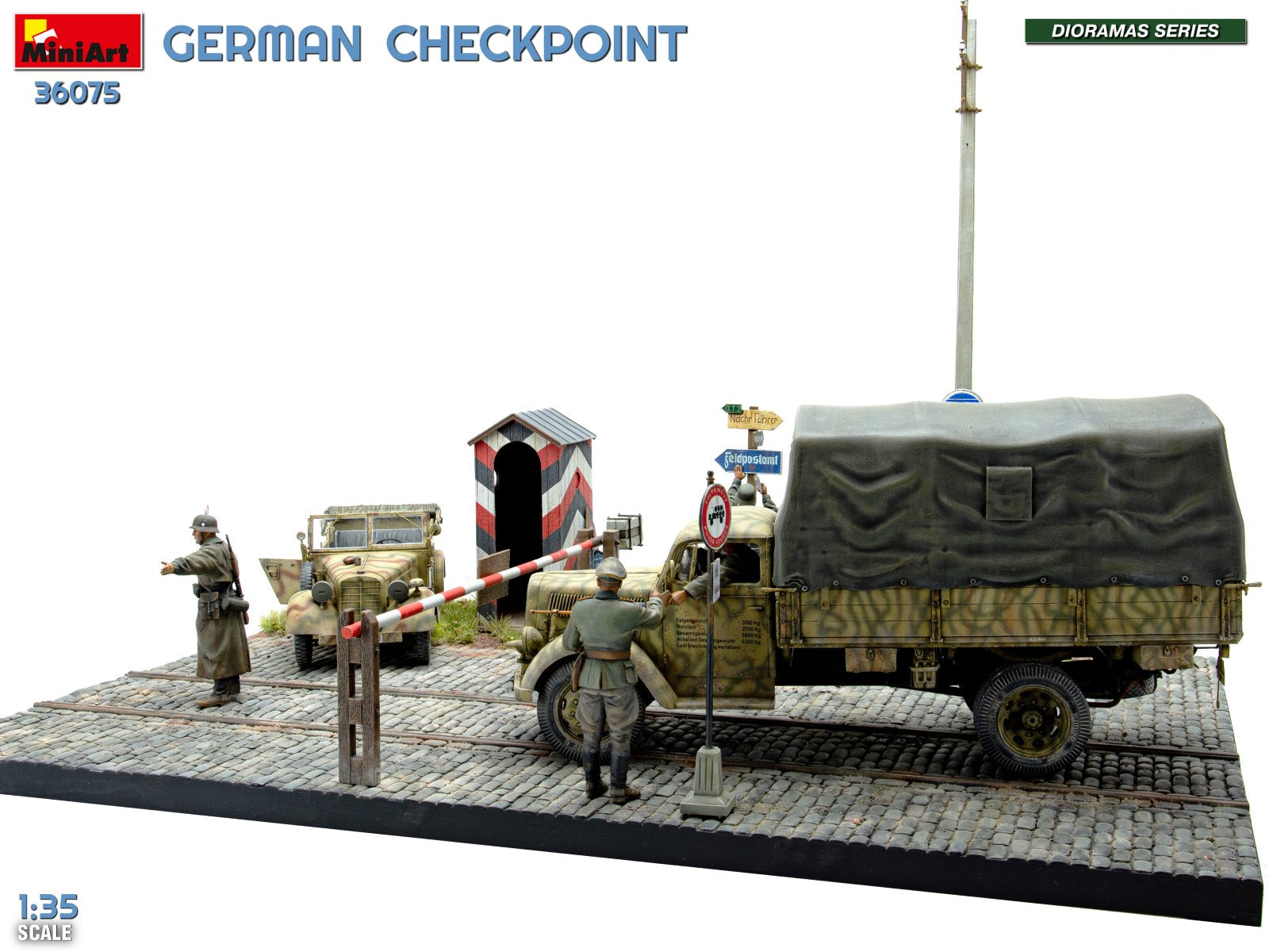 MiniArt 36075 German Checkpoint. 3t Cargo Truck 3,6-36S &amp;amp; Kfz.1 Type 170VK w/ Feldgendarmerie. Big Set 1/35 – immagine 2
