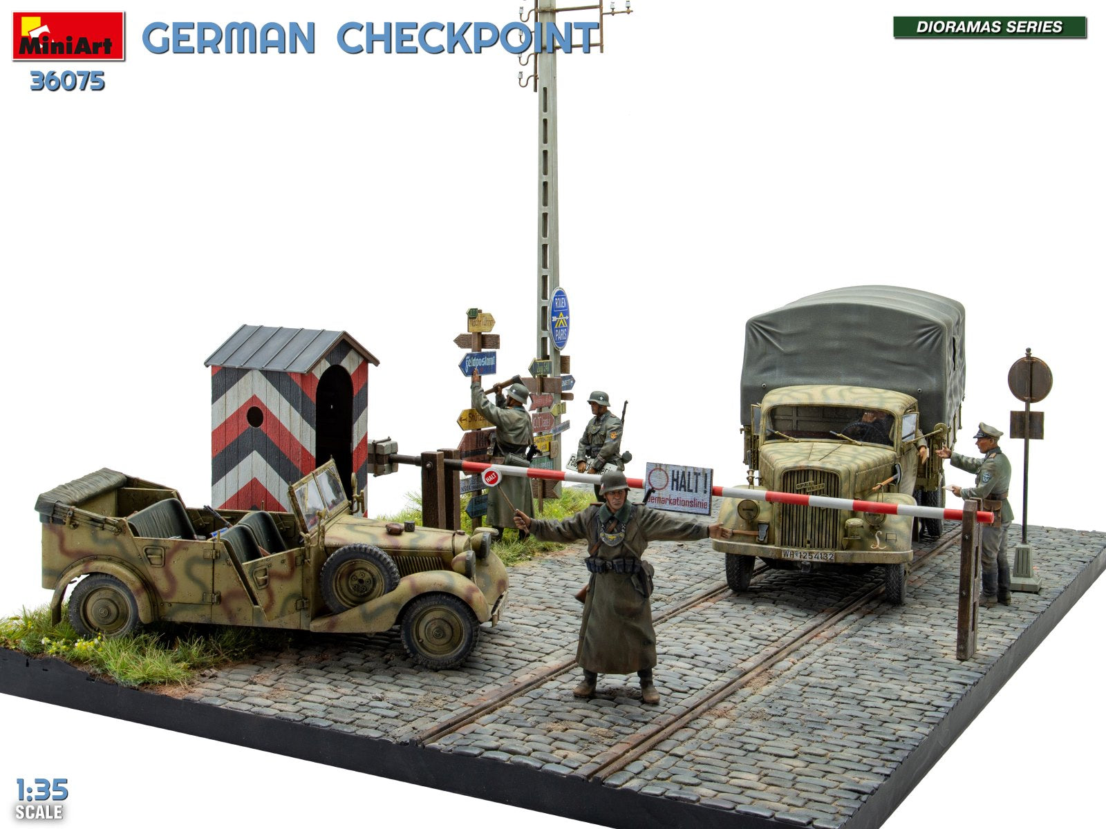 MiniArt 36075 German Checkpoint. 3t Cargo Truck 3,6-36S &amp;amp; Kfz.1 Type 170VK w/ Feldgendarmerie. Big Set 1/35 – immagine 3