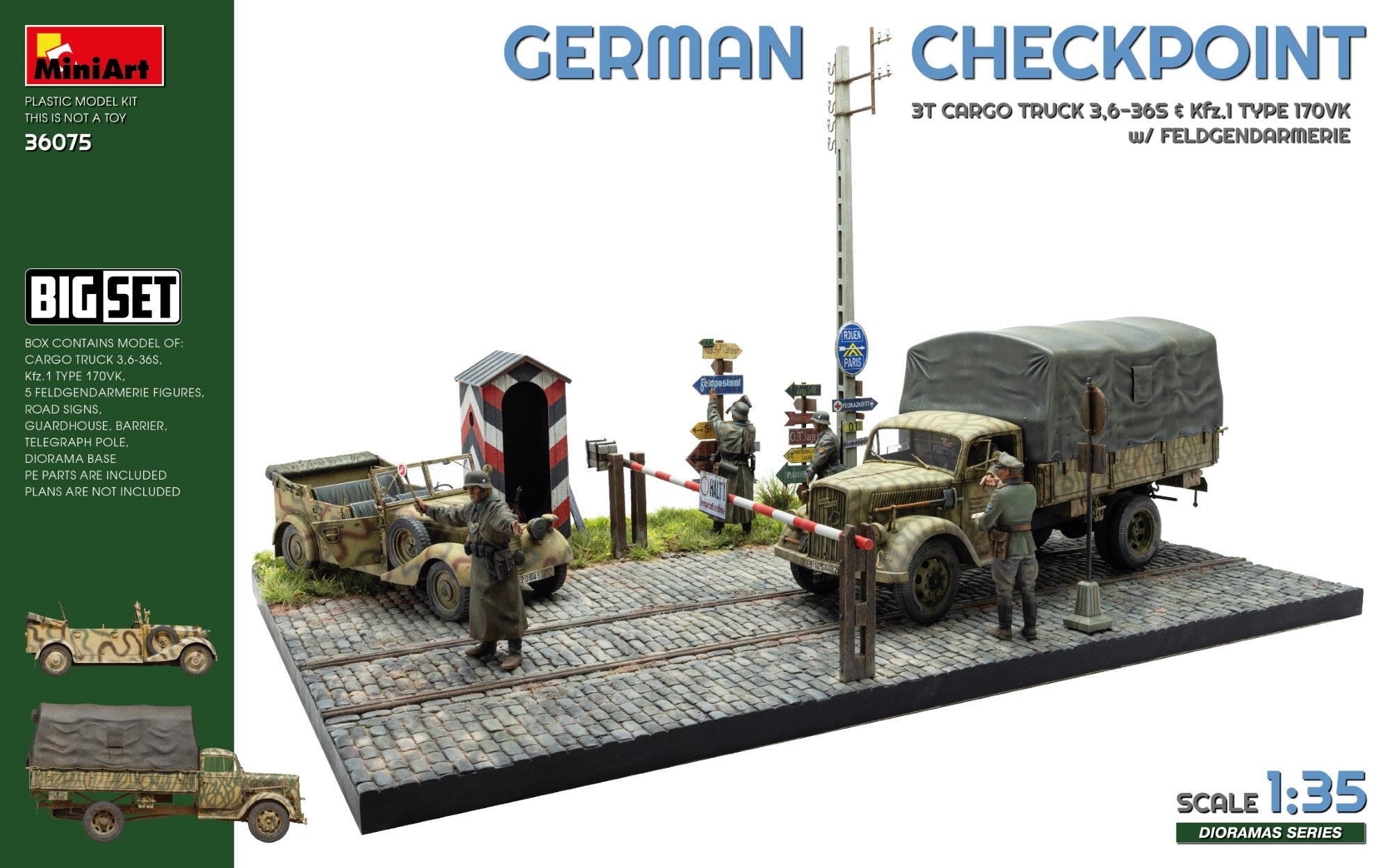 MiniArt 36075 German Checkpoint. 3t Cargo Truck 3,6-36S & Kfz.1 Type 170VK w/ Feldgendarmerie. Big Set 1/35